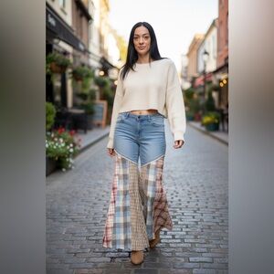 NWOT Easel “Matching My Giddy Up” Patchwork Denim Ultra Bell Bottoms size M